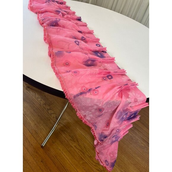 Vintage 70s valance curtain, pink, purple daisies, swag ruffled panel - Picture 2 of 10